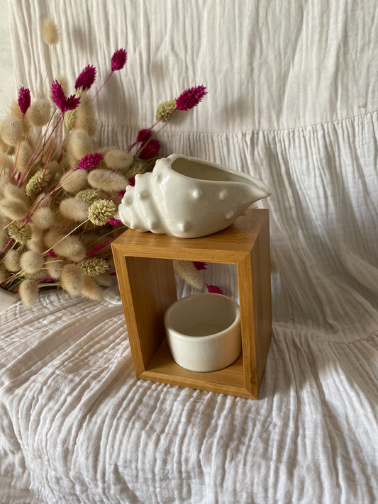 Brûle parfum Shell en céramique et bambou - Parfait pour faire fondre les fondants The sweet harmony et parfumé votre intérieur