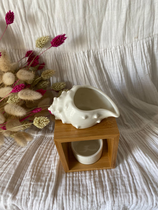 Brûle parfum Shell en céramique et bambou - Parfait pour faire fondre les fondants The sweet harmony et parfumé votre intérieur