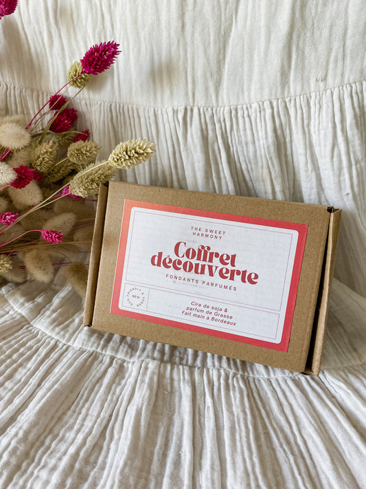 Coffret fondants parfumés florales - cire végétale de soja, cire vegan, biodégradable et sans danger pour la peau ni les animaux. Parfums de Grasse. Réalisé à la main par The sweet harmony, marque de décoration artisanale écoresponsable, éthique et française. Made in France